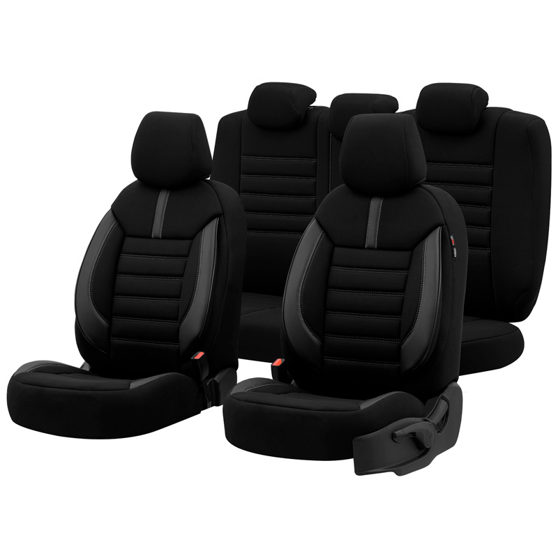 Housse de sièges universel en textile/cuir 'Limited' Noir + Surpiqûres gris - 11-pièces - adapté aux Side-Airbags