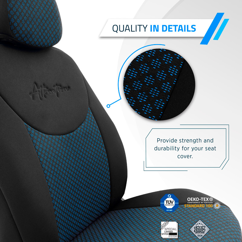 Housse de sièges universel en textile 'Attraction' Noir/Bleu - 11-pièces - adapté aux Side-Airbags