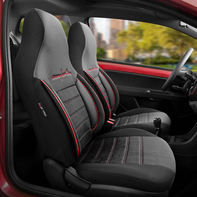 Housse de sièges 'CityBug' universel en velours/textile 'Comfortline' Noir/Rouge - 9-pièces - adapté aux Side-Airbags