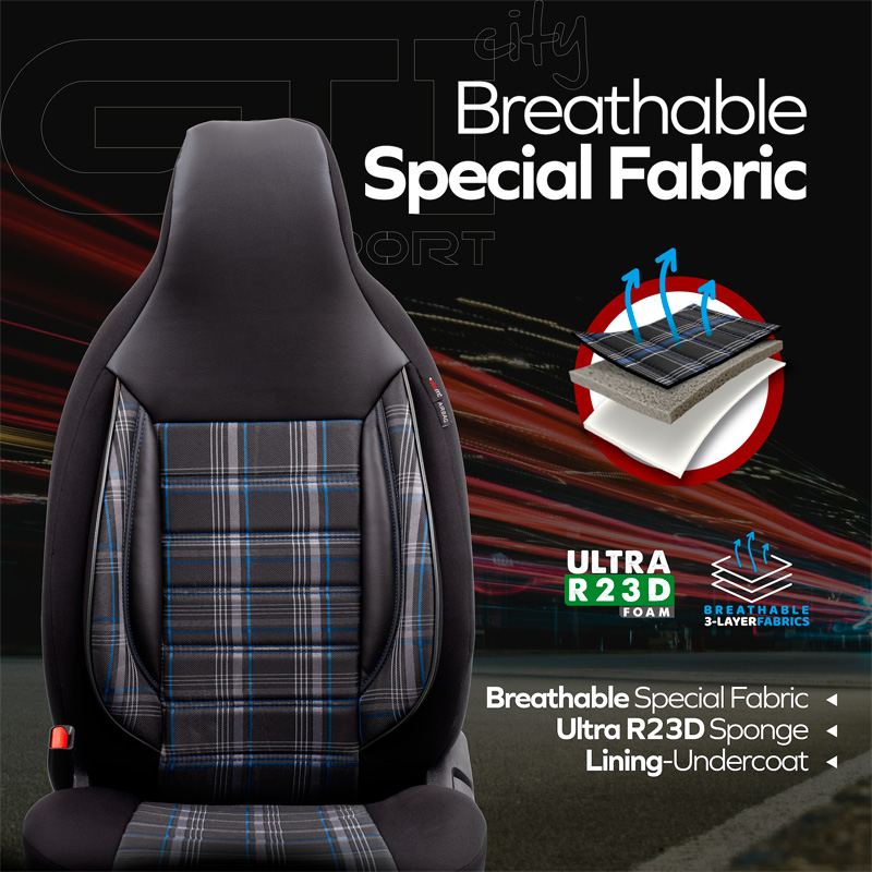 Housse de sièges 'CityBug' universel en textile 'Sports' Noir/Gris/Bleu - 9-pièces - adapté aux Side-Airbags