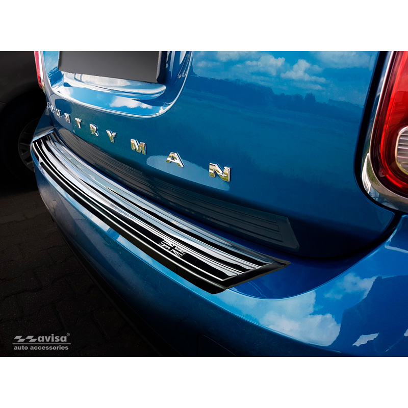 Protection de seuil arrière inox Noir-Chromé sur mesure pour Mini Countryman F60 2016-2020 'flag/lines'