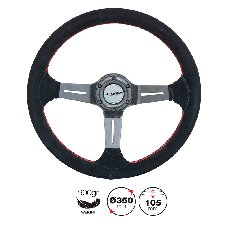 Simoni Racing Volant Universel Carlos - Carbone - Suède Noir + Couture Rouge - Diamètre 350mm