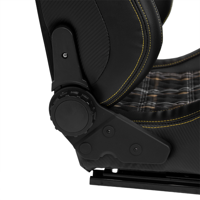 Siège baquet 'GT' - Simili Cuir Noir + Tissu en motif à carreaux Jaune + Surpiqûres Jaune - Dossier réglable - incl. glissières