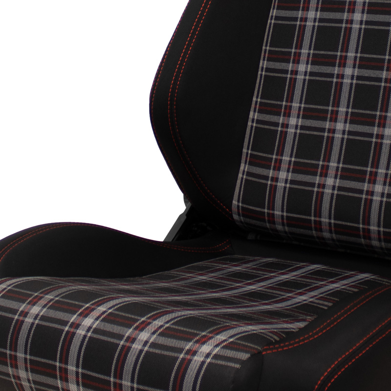 Siège baquet 'VGR' - Tissu Noir + Tissu en motif à carreaux Rouge + Surpiqûres Rouge - Dossier réglable - incl. glissières