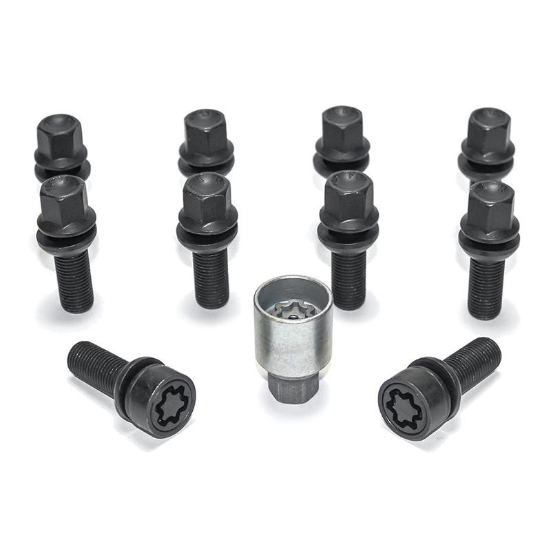 Jeu de Boulons de roue H&R sphérique avec cône mobile R13 M14x1.50 - Longueur 45mm - Noir - 10 pièces (p.e. sur mesure pour Audi S5) - antivol de roue inclus