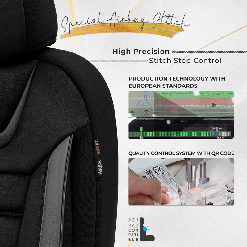 Housse de sièges universel en suede/cuir/textile 'Iconic' Noir/Gris - 11-pièces - adapté aux Side-Airbags