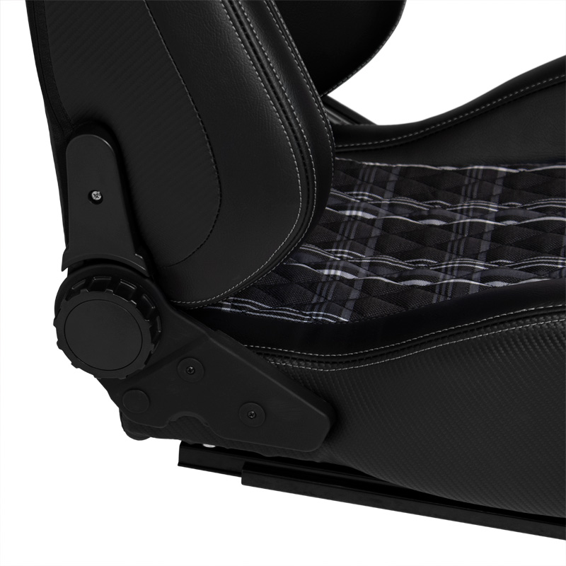 Siège baquet 'GT' - Simili Cuir Noir + Tissu en motif à carreaux Gris + Surpiqûres Gris - Dossier réglable - incl. glissières
