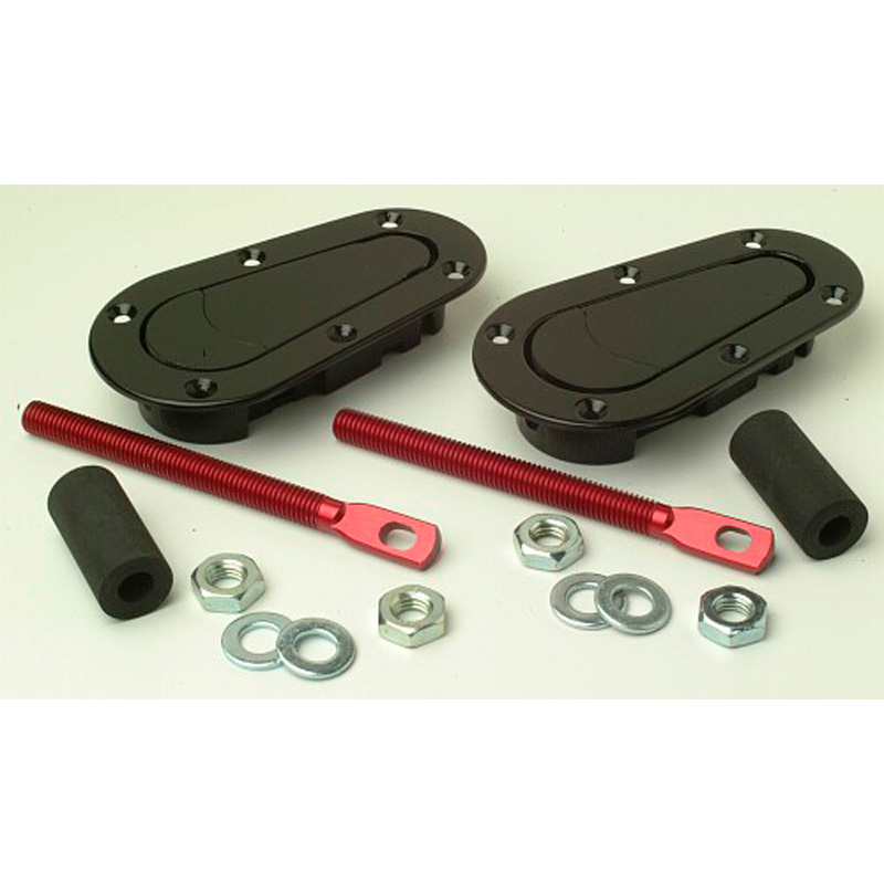 Set Crochets de capot universel Racing Plus Flush - noir + pins aluminium rouge