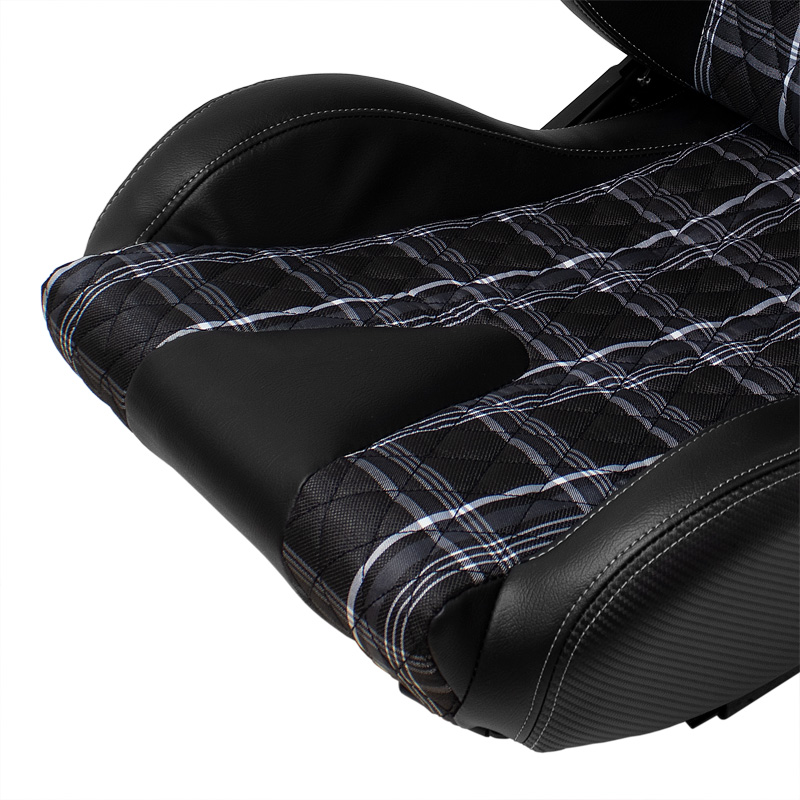Siège baquet 'GT' - Simili Cuir Noir + Tissu en motif à carreaux Gris + Surpiqûres Gris - Dossier réglable - incl. glissières