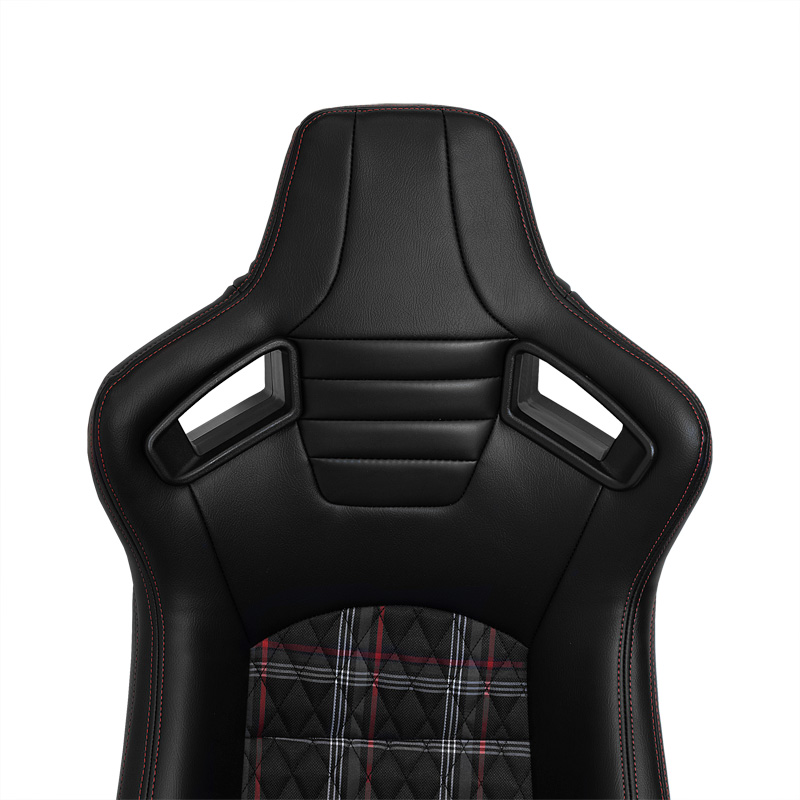 Siège baquet 'GT' - Simili Cuir Noir + Tissu en motif à carreaux Rouge + Surpiqûres Rouge - Dossier réglable - incl. glissières