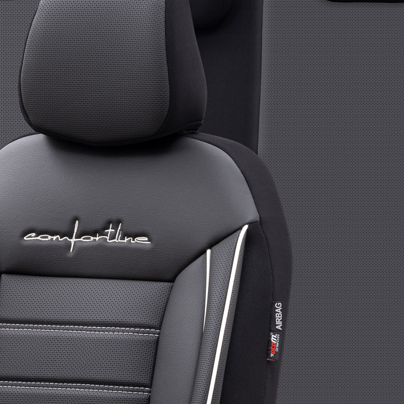 Housse de sièges universel en cuir/textile 'Comfortline' Noir/Gris + Lisière blanc - 11-pièces - adapté aux Side-Airbags