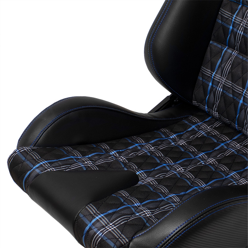 Siège baquet 'GT' - Simili Cuir Noir + Tissu en motif à carreaux Bleu + Surpiqûres Bleu - Dossier réglable - incl. glissières