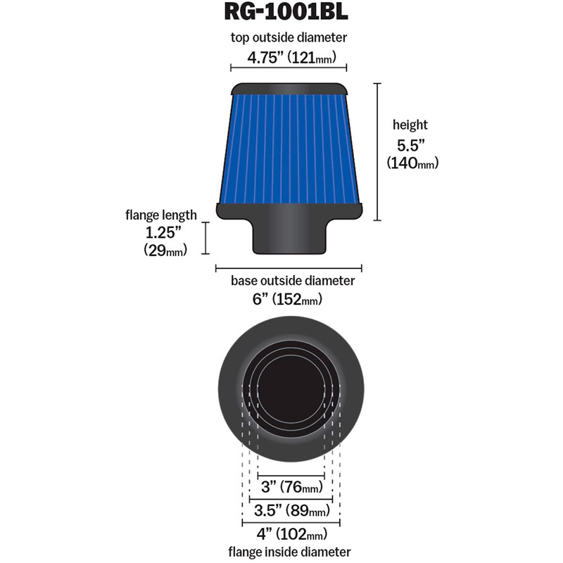 K&N RG-Serie Filtre à air universelle avec 3 diamètres d'installation Bleu (RG-1001BL-L)
