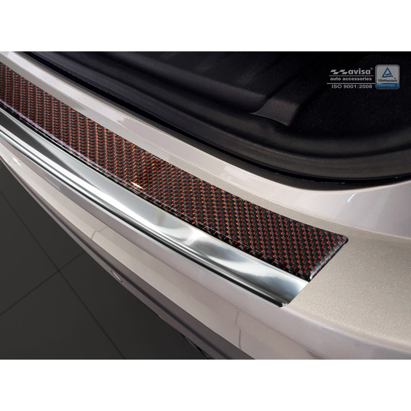 Protection de seuil arrière inox 'Deluxe' sur mesure pour Jaguar F-Pace 2016-2020 & FL 2020- Chromé/Carboné noir-rouge