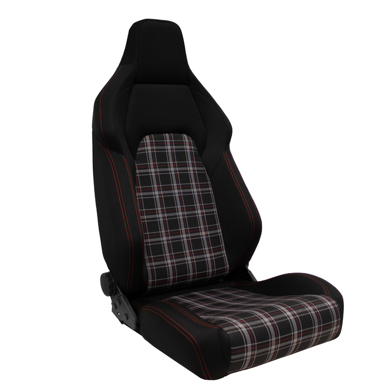 Siège baquet 'VGR' - Tissu Noir + Tissu en motif à carreaux Rouge + Surpiqûres Rouge - Dossier réglable - incl. glissières