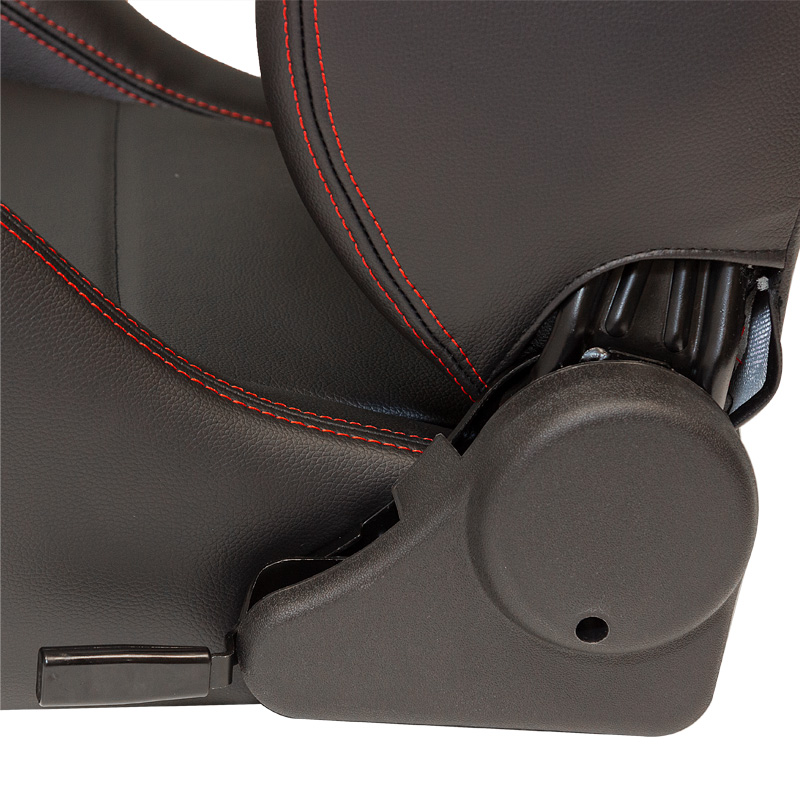 Siège baquet 'Eco' - Simili Cuir Noir + Surpiqûres rouge - Dossier réglable (à gauche) - incl. glissières