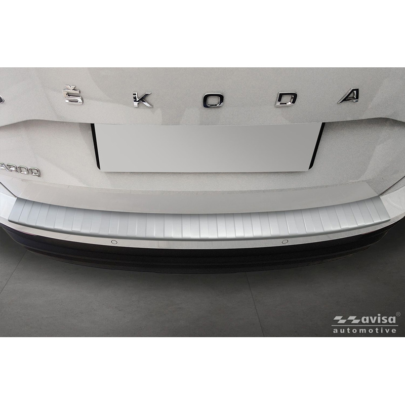 Avisa Protection de seuil arrière inox thermolaqué sur mesure pour Skoda Karoq Facelift 2022- incl. Sportline 'Soft Silver'