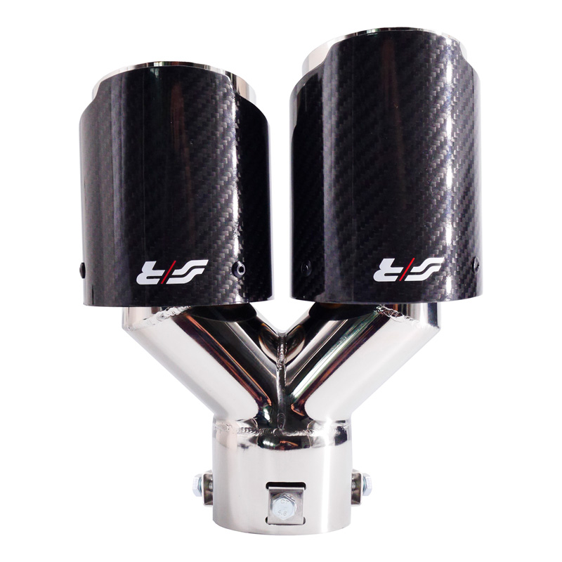 Simoni Racing Embout d'Échappement à droite Rond Double/Oblique Inox & Carbon - Ø92xL215-230mm - Montage ->40-63mm