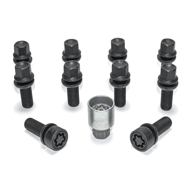 Jeu de Boulons de roue H&R sphérique avec cône mobile R13 M14x1.50 - Longueur 36mm - Noir - 10 pièces (p.e. sur mesure pour Audi S5) - antivol de roue inclus