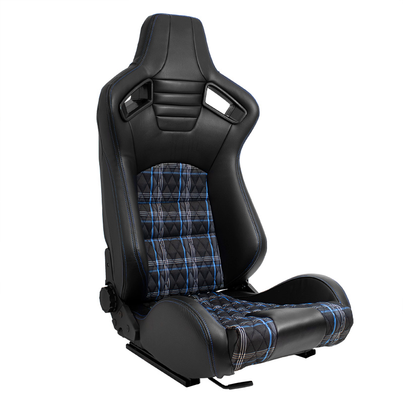 Siège baquet 'GT' - Simili Cuir Noir + Tissu en motif à carreaux Bleu + Surpiqûres Bleu - Dossier réglable - incl. glissières