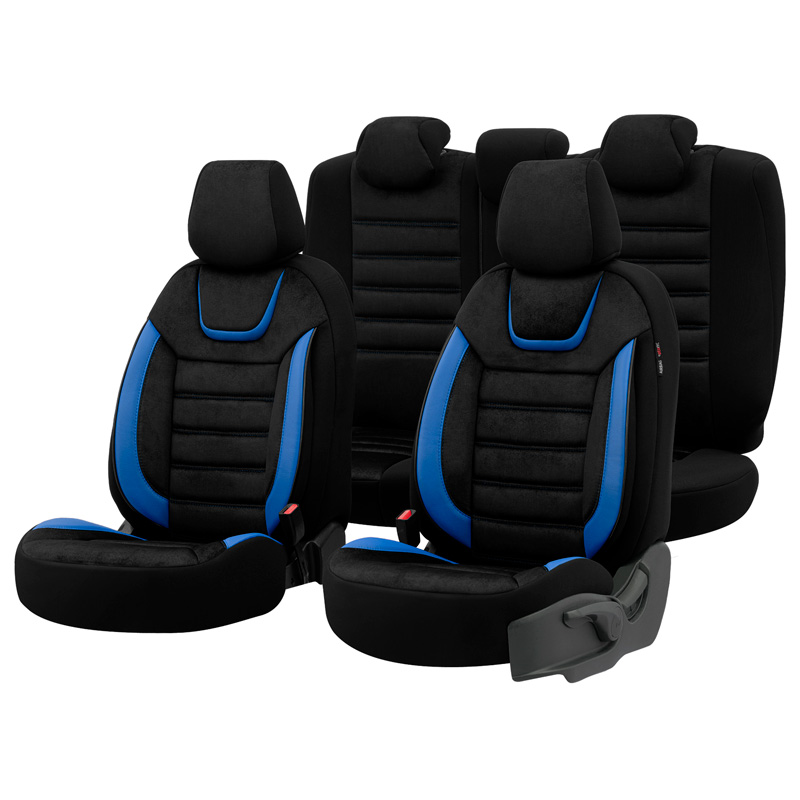 Housse de sièges universel en suede/cuir/textile 'Iconic' Noir/Bleu - 11-pièces - adapté aux Side-Airbags