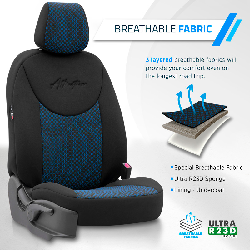 Housse de sièges universel en textile 'Attraction' Noir/Bleu - 11-pièces - adapté aux Side-Airbags