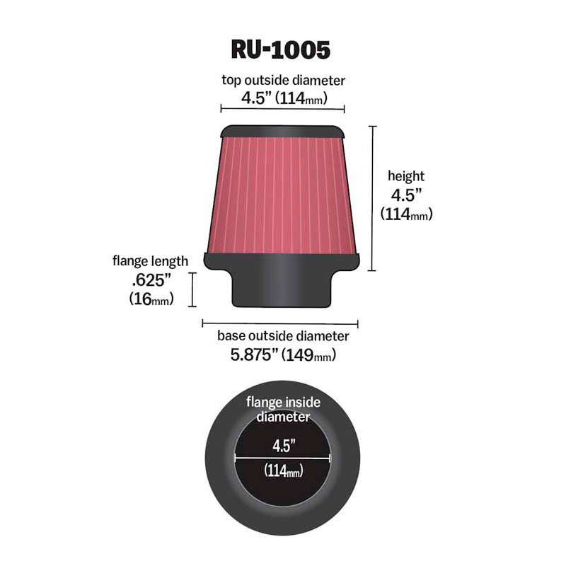 K&N Filtre à Air Universel Conique 114mm raccordement, 149mm de base, 114mm en haut, 114mm hauteur (RU-1005)