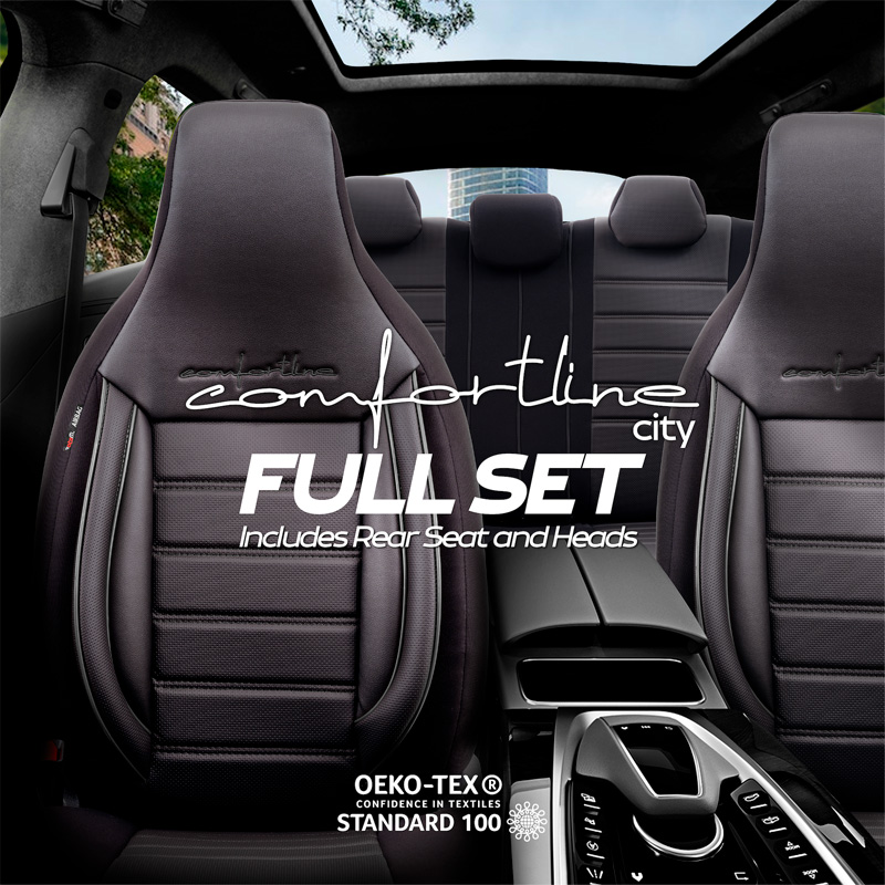 Housse de sièges 'CityBug' universel en cuir/textile 'Comfortline' Noir/Gris - 9-pièces - adapté aux Side-Airbags