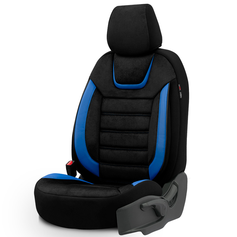 Housse de sièges universel en suede/cuir/textile 'Iconic' Noir/Bleu - 11-pièces - adapté aux Side-Airbags