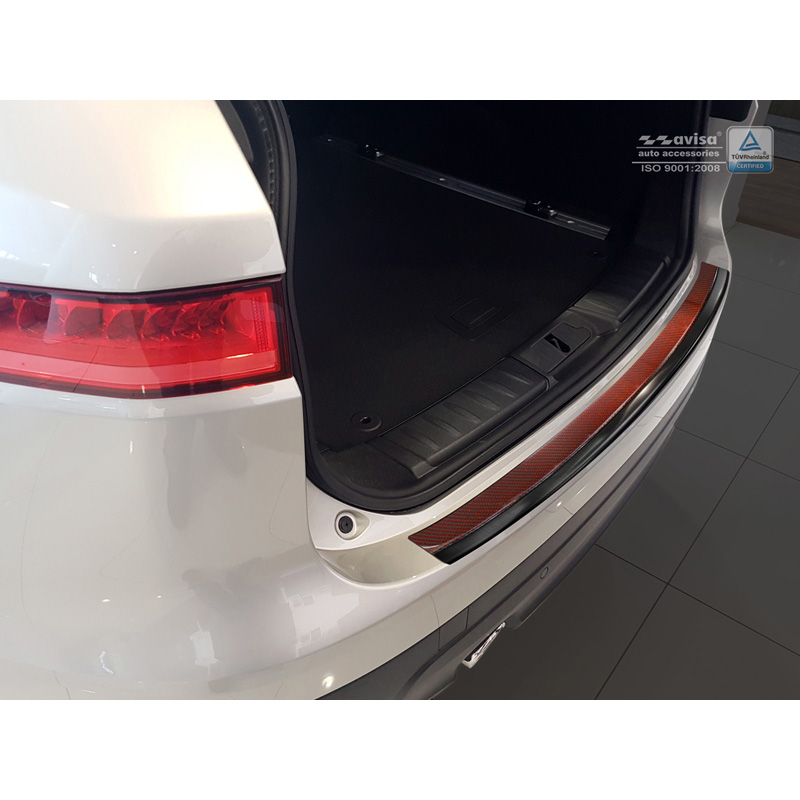 Protection de seuil arrière inox 'Deluxe' sur mesure pour Jaguar F-Pace 2016-2020 & FL 2020- Noir/Carboné noir-rouge