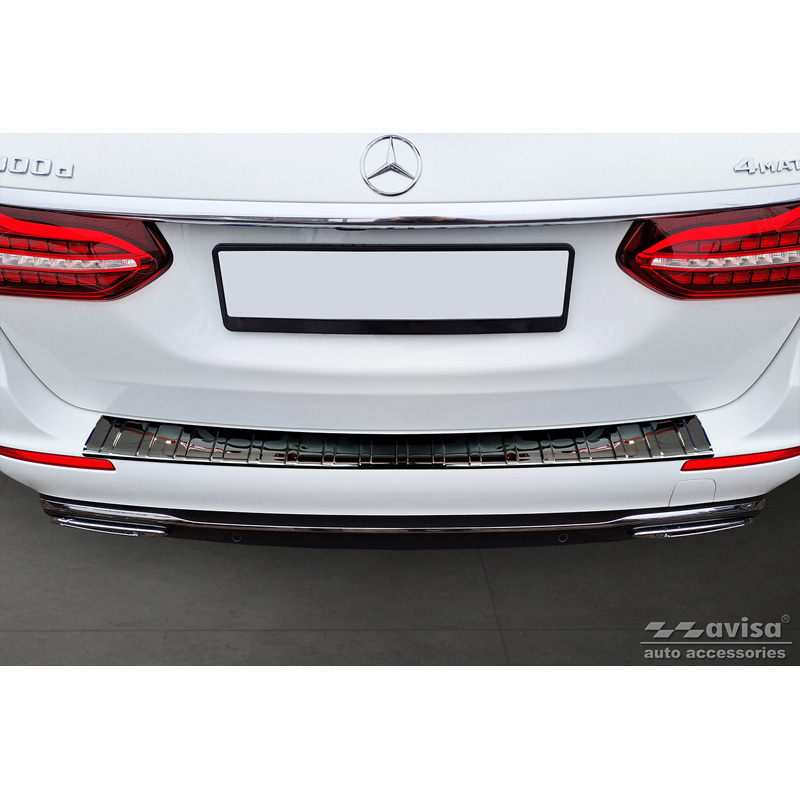 Protection de seuil arrière inox Noir-Chromé sur mesure pour Mercedes Classe-E Estate S213 2016- (incl. E53 AMG) 'Ribs'