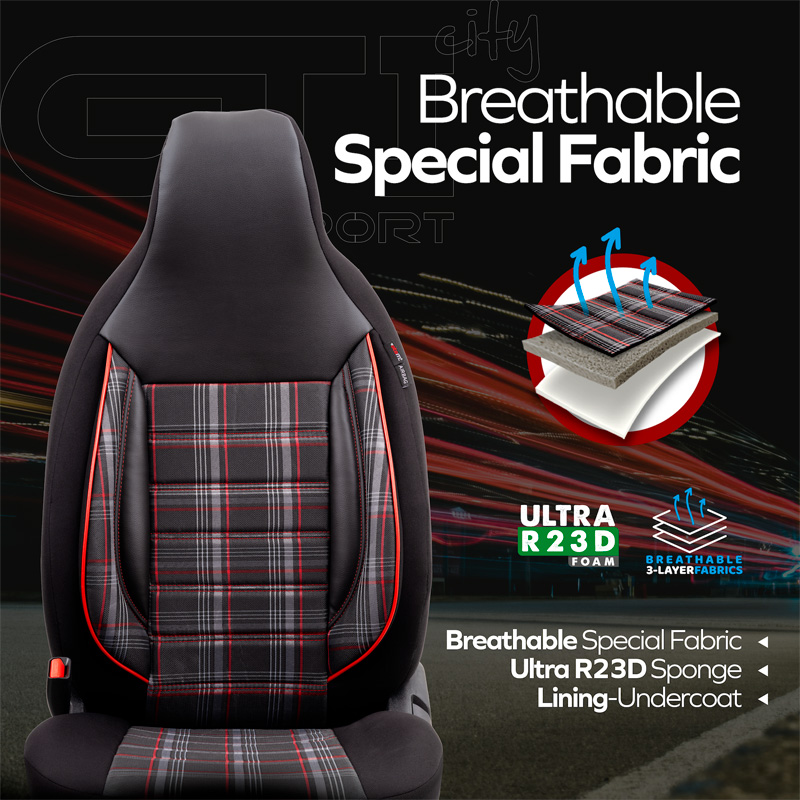 Housse de sièges 'CityBug' universel en textile 'Sports' Noir/Gris/Rouge - 9-pièces - adapté aux Side-Airbags