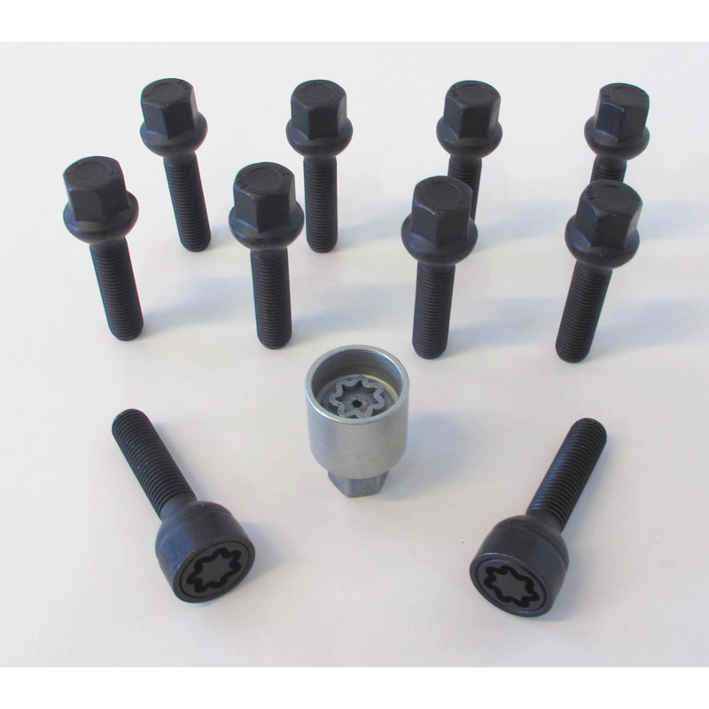 Jeu de Boulons de roue H&R sphérique R12 M12x1.50 - Longueur 55mm - Noir - 10 pièces (p.e. sur mesure pour Mercedes) - antivol de roue inclus