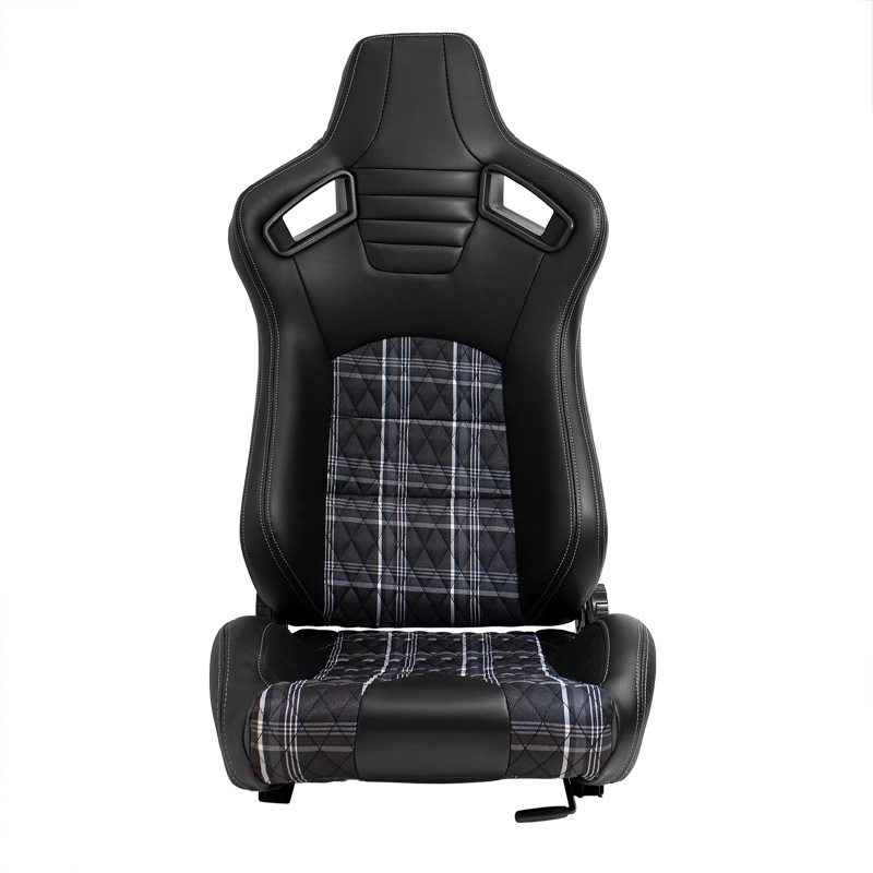 Siège baquet 'GT' - Simili Cuir Noir + Tissu en motif à carreaux Gris + Surpiqûres Gris - Dossier réglable - incl. glissières