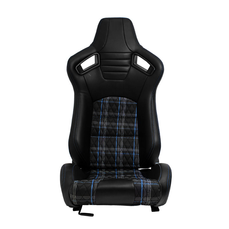 Siège baquet 'GT' - Simili Cuir Noir + Tissu en motif à carreaux Bleu + Surpiqûres Bleu - Dossier réglable - incl. glissières