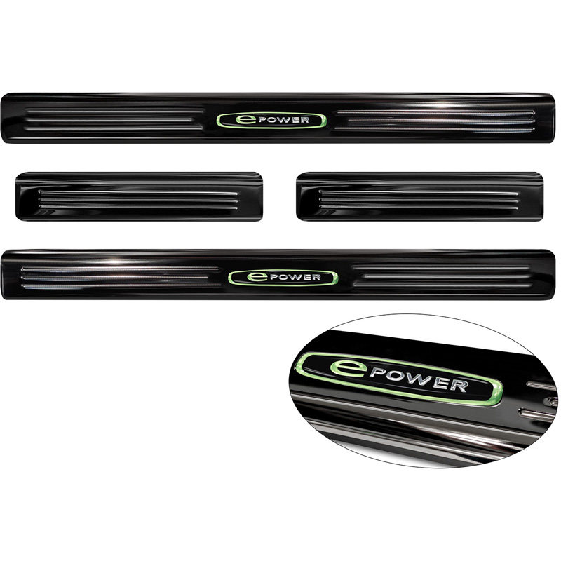 Seuils de portes inoxydable noir luisant sur mesure pour Nissan Leaf II (2E1) 2017-2022 & Facelift 2022- 'E-Power' - 4-pièces