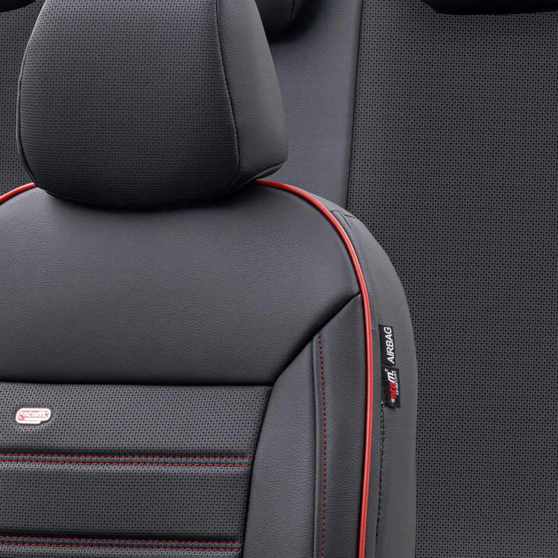 Housse de sièges universel en plein cuir 'Premium' Noir + Lisière rouge - 11-pièces - adapté aux Side-Airbags