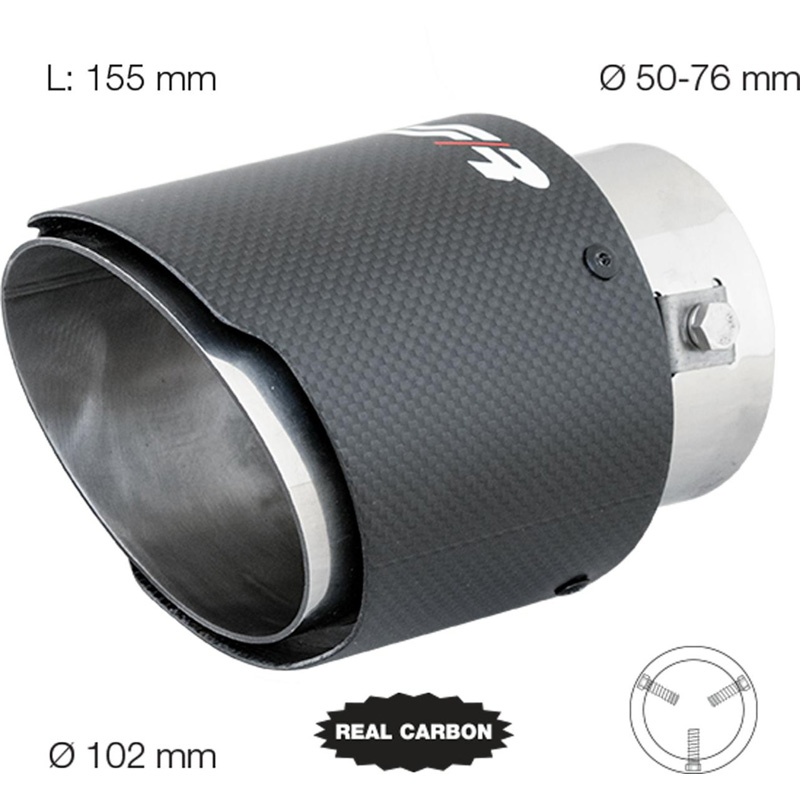 Simoni Racing Embout d'Échappement Rond/Oblique Carboné-Mattes+Inox - Ø102xL155mm - Montage 50-76mm