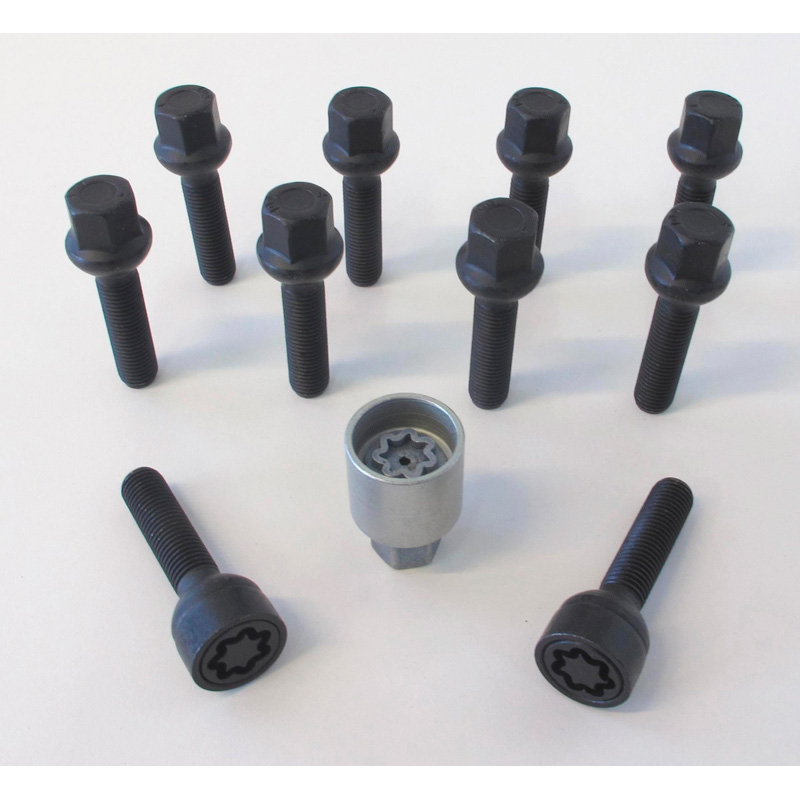 Jeu de Boulons de roue H&R sphérique R12 M12x1.50 - Longueur 50mm - Noir - 10 pièces (p.e. sur mesure pour Mercedes) - antivol de roue inclus