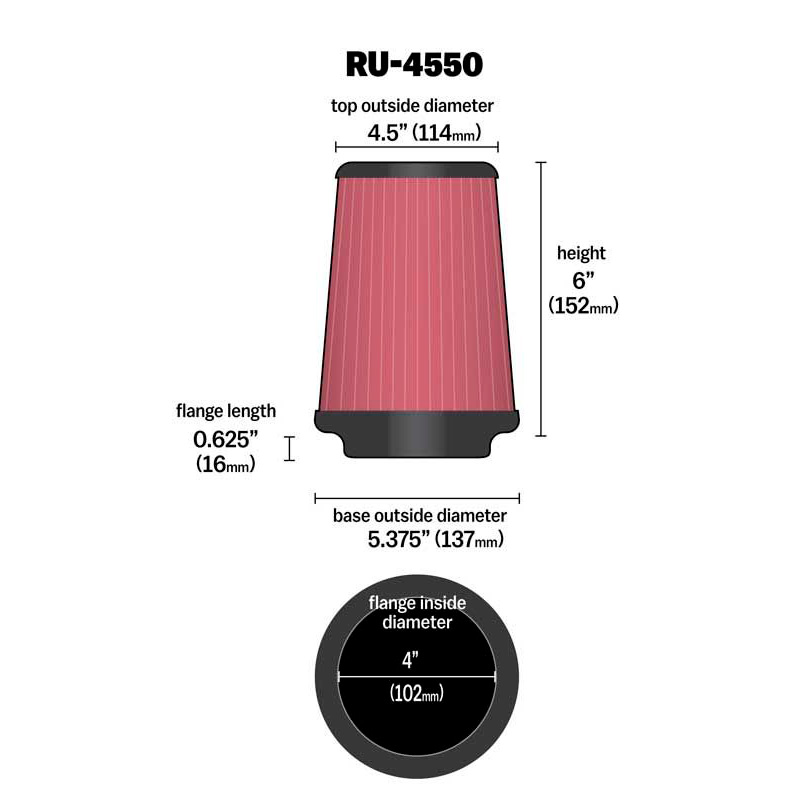 K&N Filtre à Air Universel Conique 102mm raccordement, 137mm de base, 114mm en haut, hauteur 152mm (RU-4550)