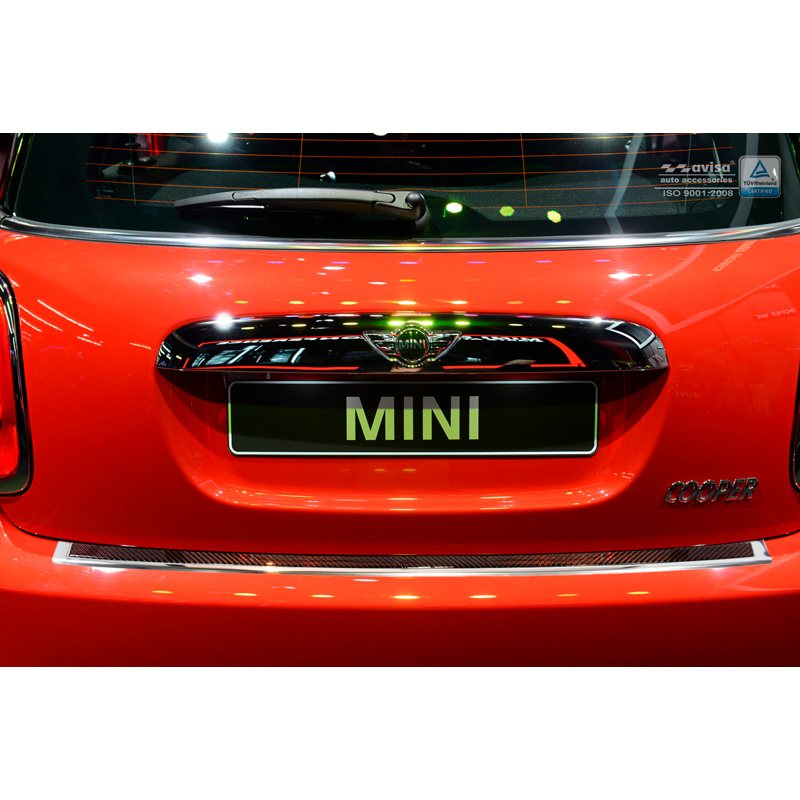 Protection de seuil arrière inox 'Deluxe' sur mesure pour Mini One/Cooper F56 3-portes 3/2014- Chromé/Carboné noir-rouge