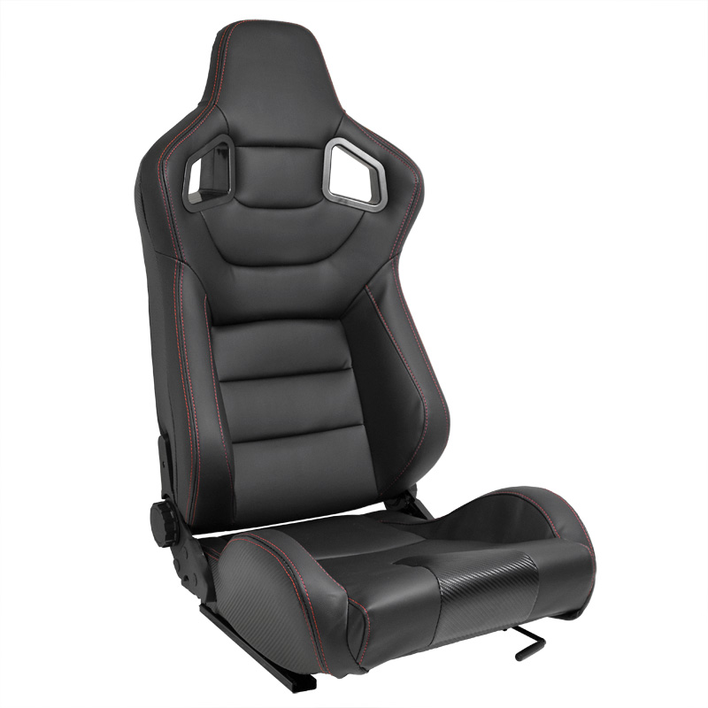 Siège baquet 'RK' - Simili Cuir Noir + Surpiqûres rouge - Dossier réglable - incl. glissières