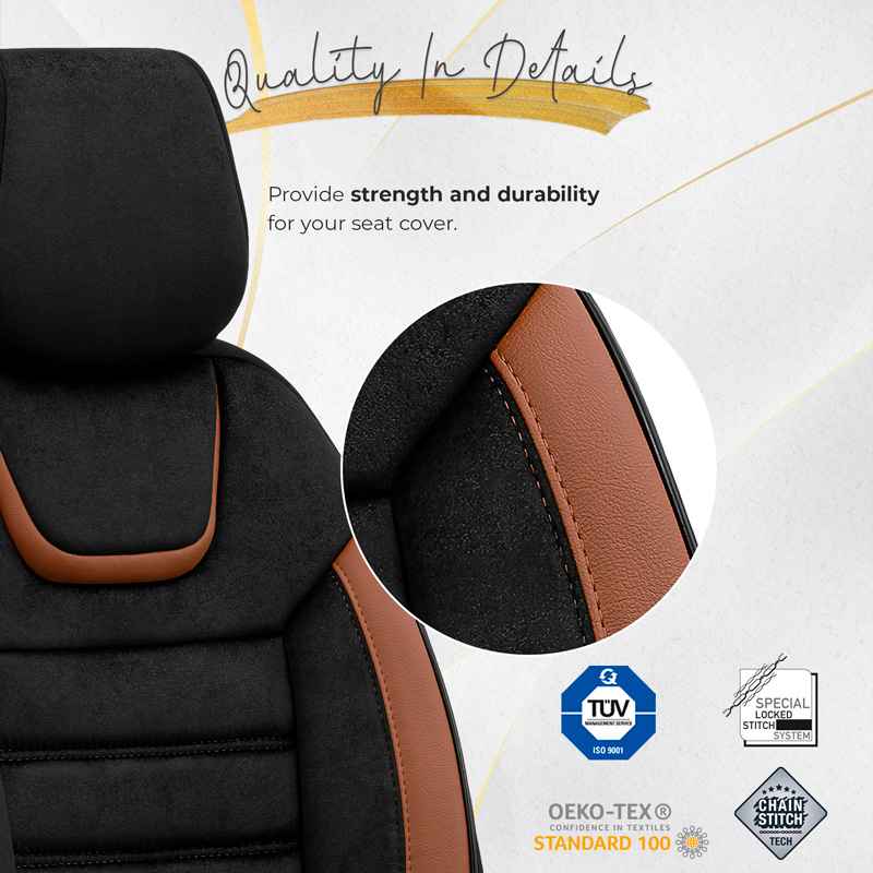 Housse de sièges universel en suede/cuir/textile 'Iconic' Noir/Terrecotta - 11-pièces - adapté aux Side-Airbags