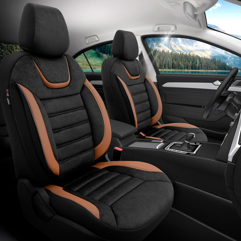 Housse de sièges universel en suede/cuir/textile 'Iconic' Noir/Terrecotta - 11-pièces - adapté aux Side-Airbags