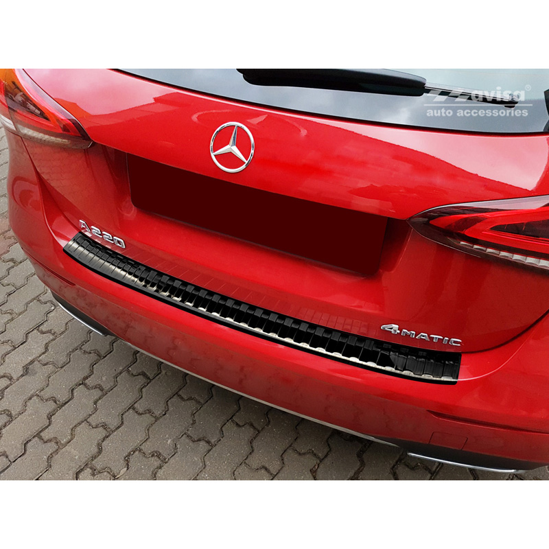 Protection de seuil arrière inox noir sur mesure pour Mercedes Classe-A W177 HB 2018- incl. AMG & EQ 'Ribs'