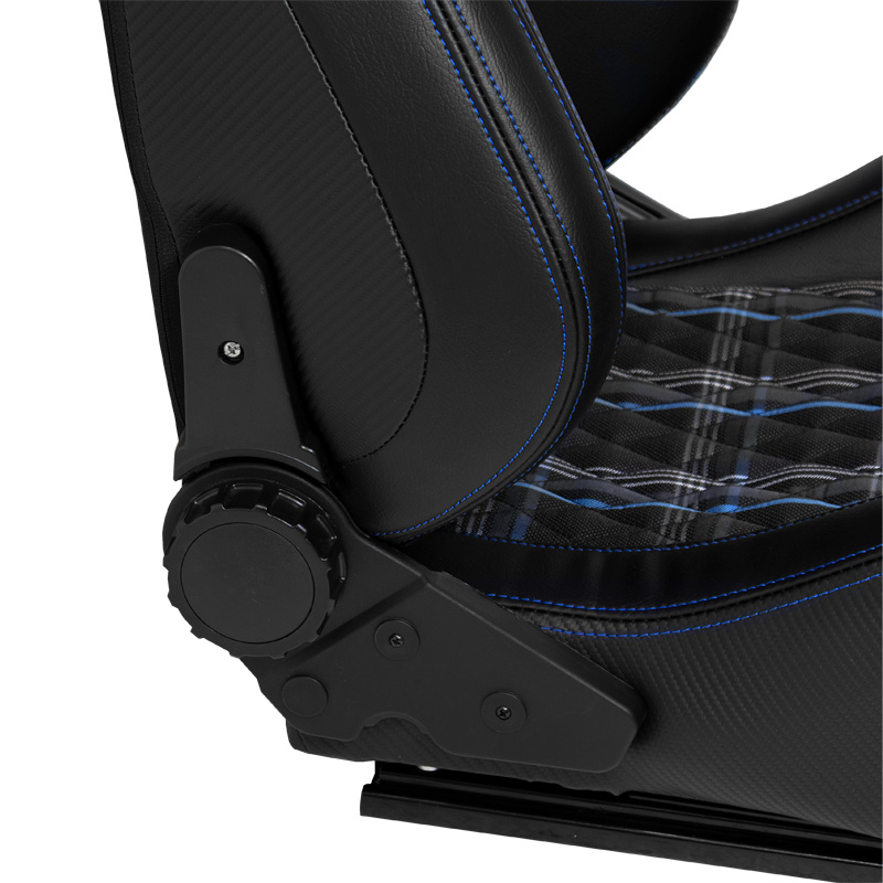Siège baquet 'GT' - Simili Cuir Noir + Tissu en motif à carreaux Bleu + Surpiqûres Bleu - Dossier réglable - incl. glissières