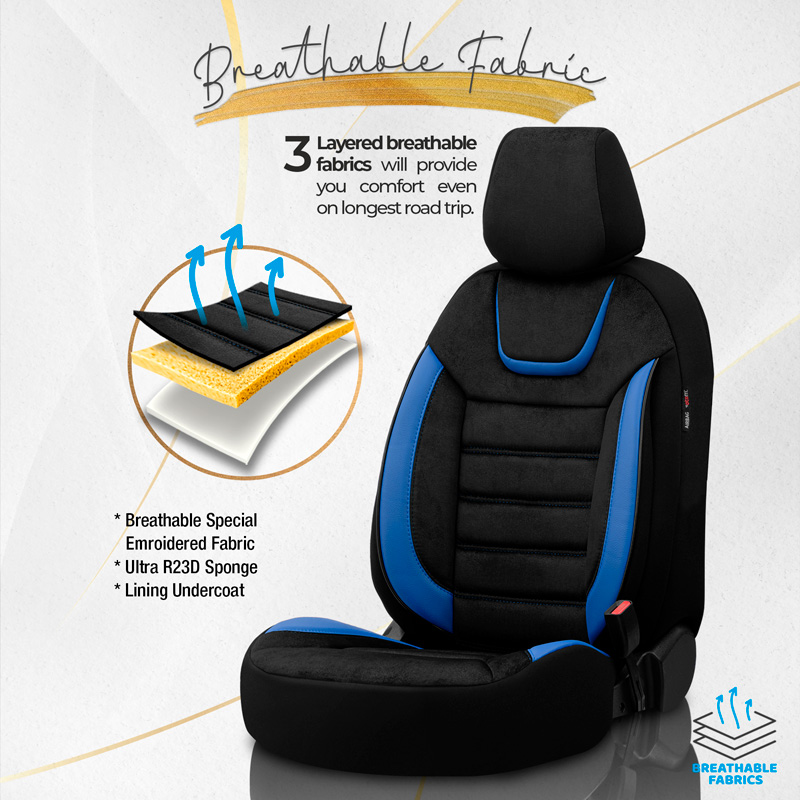 Housse de sièges universel en suede/cuir/textile 'Iconic' Noir/Bleu - 11-pièces - adapté aux Side-Airbags
