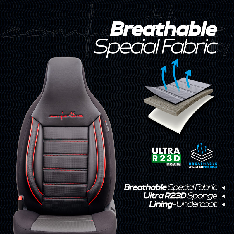 Housse de sièges 'CityBug' universel en cuir/textile 'Comfortline' Noir/Rouge - 9-pièces - adapté aux Side-Airbags