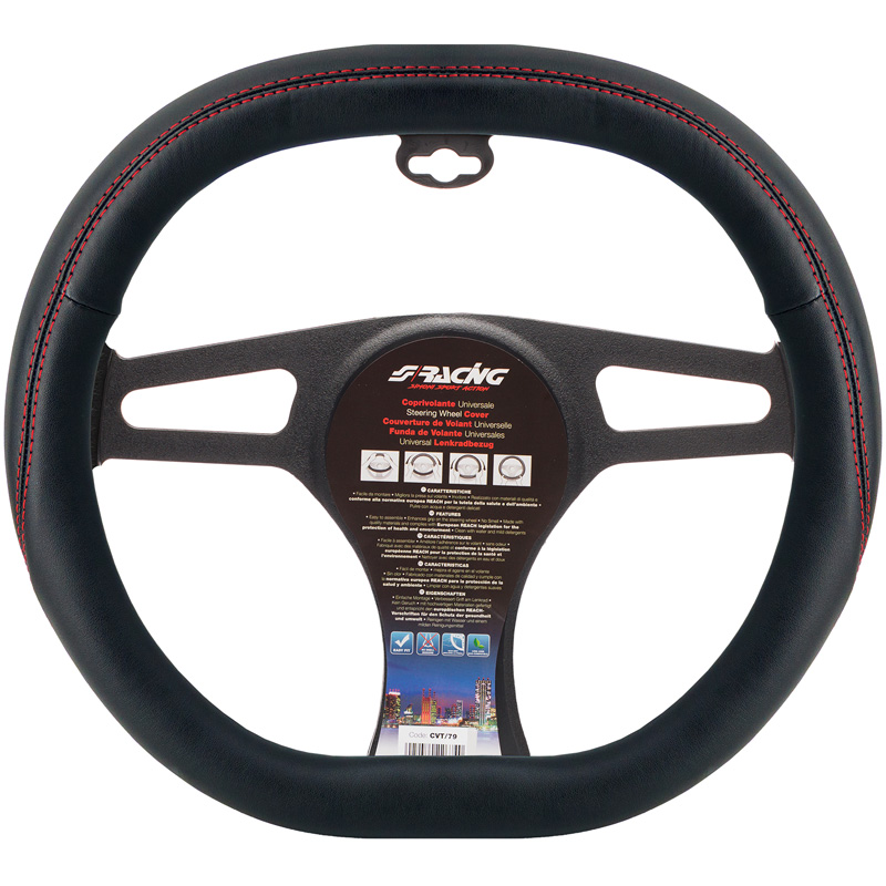Simoni Racing Couvre-Volant F&F - Eco-Cuir Noir + Couture Rouge - 37-39cm - forme carrée