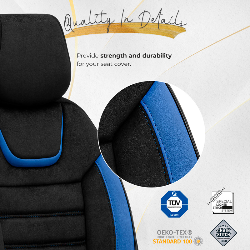 Housse de sièges universel en suede/cuir/textile 'Iconic' Noir/Bleu - 11-pièces - adapté aux Side-Airbags
